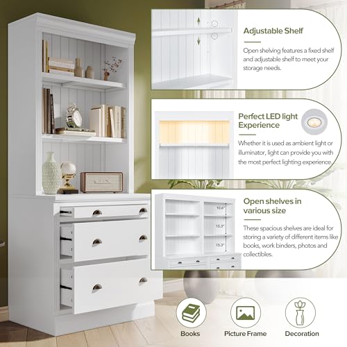 Merax 83.4" Tall Storage Bookshelf Bookcase Suite 2-Piece Set with LED Lighting,3 Drawer and Open Shelves for Home Office,White