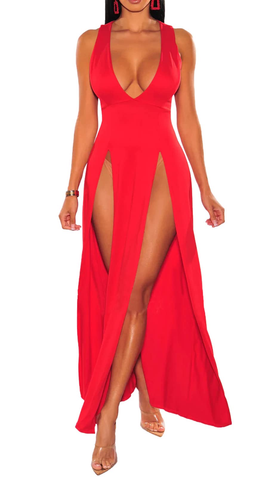 Women's Plus Size Maxi Wrap Dress Sleeveless Deep V Neck Split Dress