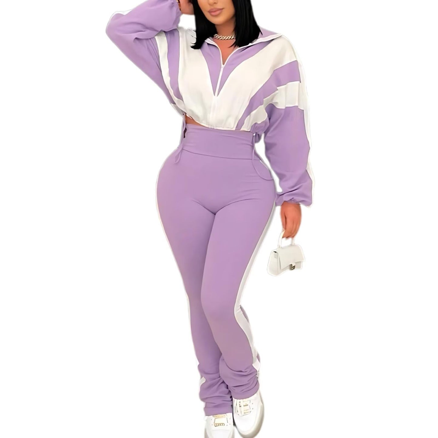 Remelon Womens 2 Piece Sweatsuits Color Block Long Sleeve Zipper Cropped Jacket Legging Pants Set Tracksuit Jogger Outfits
