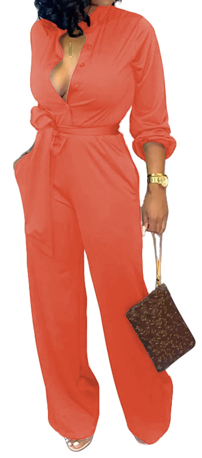 Women Jumpsuits For Elegant Sexy V Neck Long Sleeve Casual for Work Wide Leg Pants with Pockets Belt