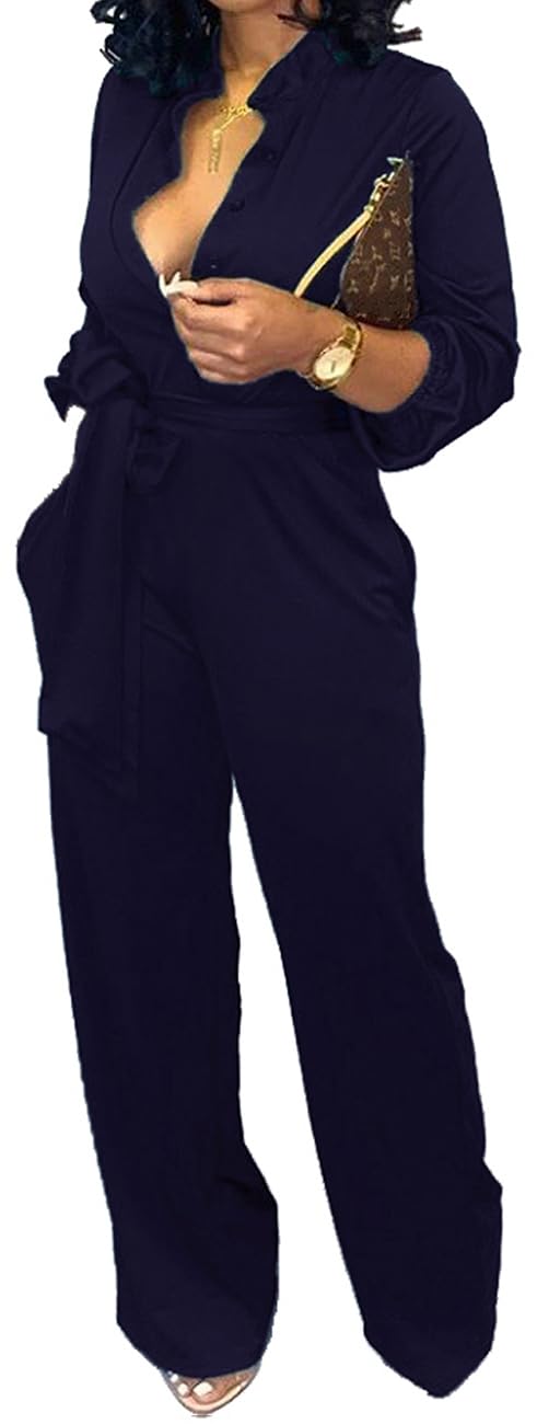 Women Jumpsuits For Elegant Sexy V Neck Long Sleeve Casual for Work Wide Leg Pants with Pockets Belt