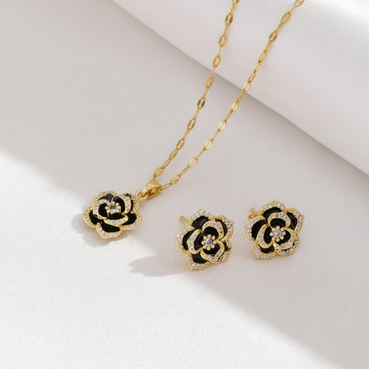 18 Karate Gold - Plated Flower Jewelry Set with a Green Tone Incorporated Color