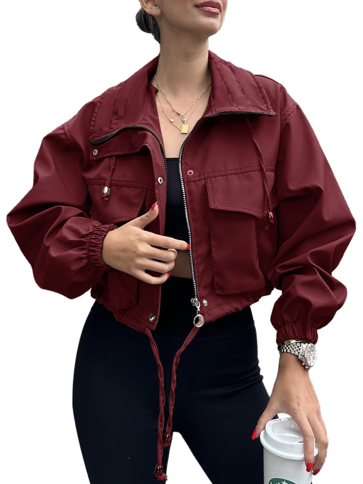 Tankaneo Womens Cropped Jacket Zip Up Lightweight Oversized Utility Anorak