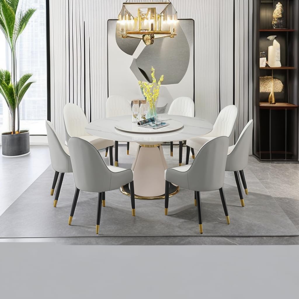 59" Round Dining Table Set for 8 with Lazy Susan Modern Sintered Stone 9 Pieces Dining Room Table Set with 8 Chairs and 31.5" Round Turntable