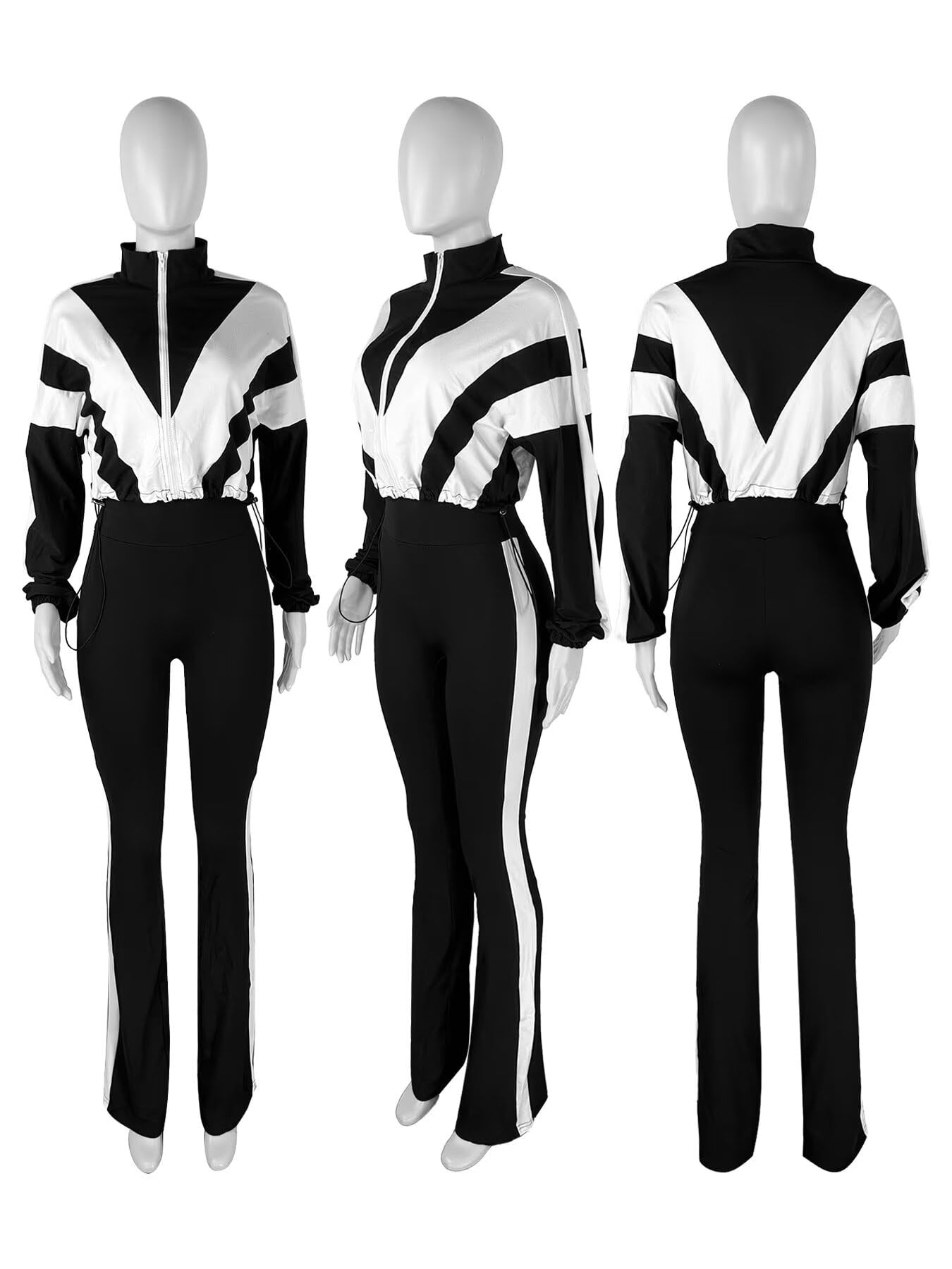 Remelon Womens 2 Piece Sweatsuits Color Block Long Sleeve Zipper Cropped Jacket Legging Pants Set Tracksuit Jogger Outfits