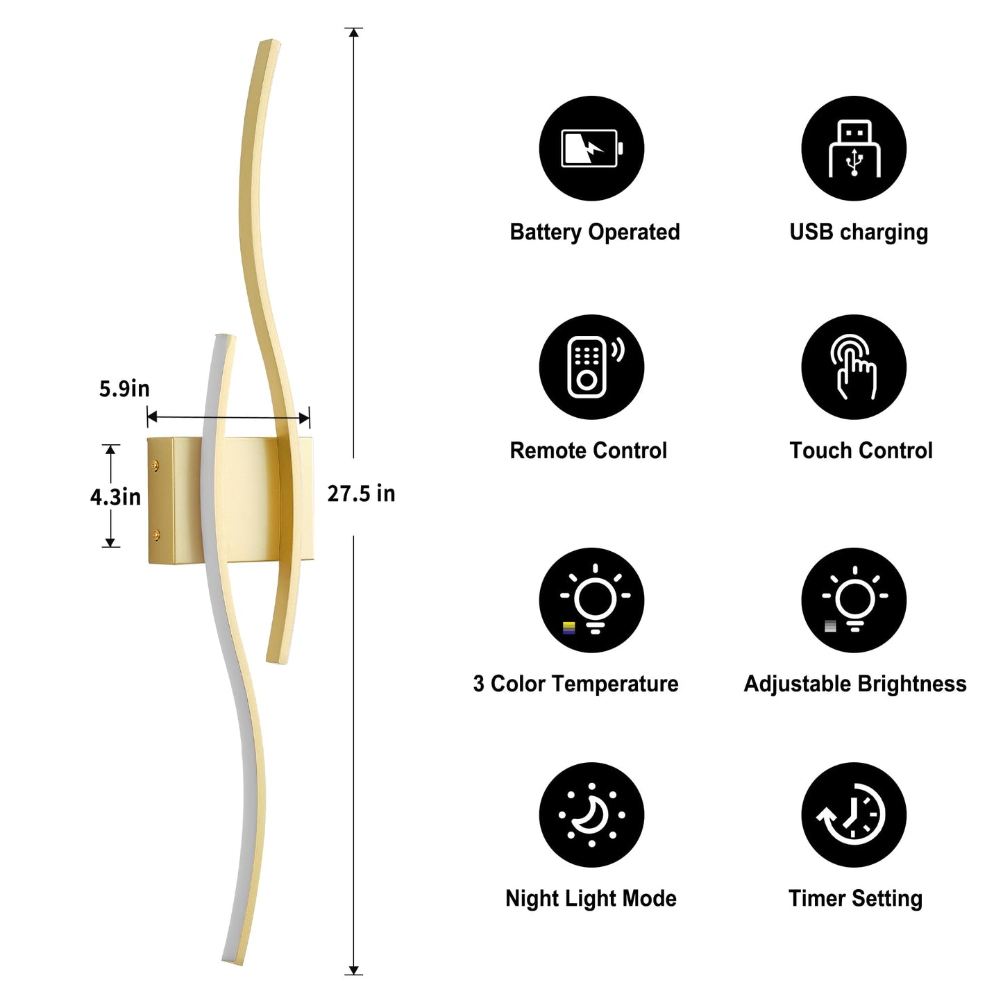 Battery Operated Wall Sconces Set of Two with Remote Control, Dimmable/3 Color/Night-Light/Timer/Memory, Black Modern Wireless LED Sconce for Living Room, Hallway, Bedroom, 39.3 Inch (2 Pack)