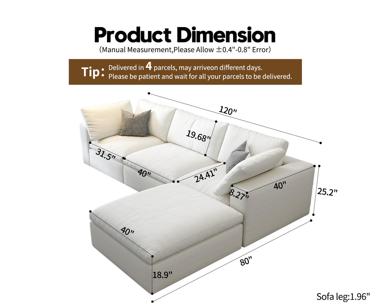 Cloud Modular Sectional Sofa with Storage Ottoman,120" L Shaped Sectional Couches for Living Room,Down Filled Comfort Minimalist Deep Sofa Couches for Office Apartment (White, 3 Seater+1 Ottoman)