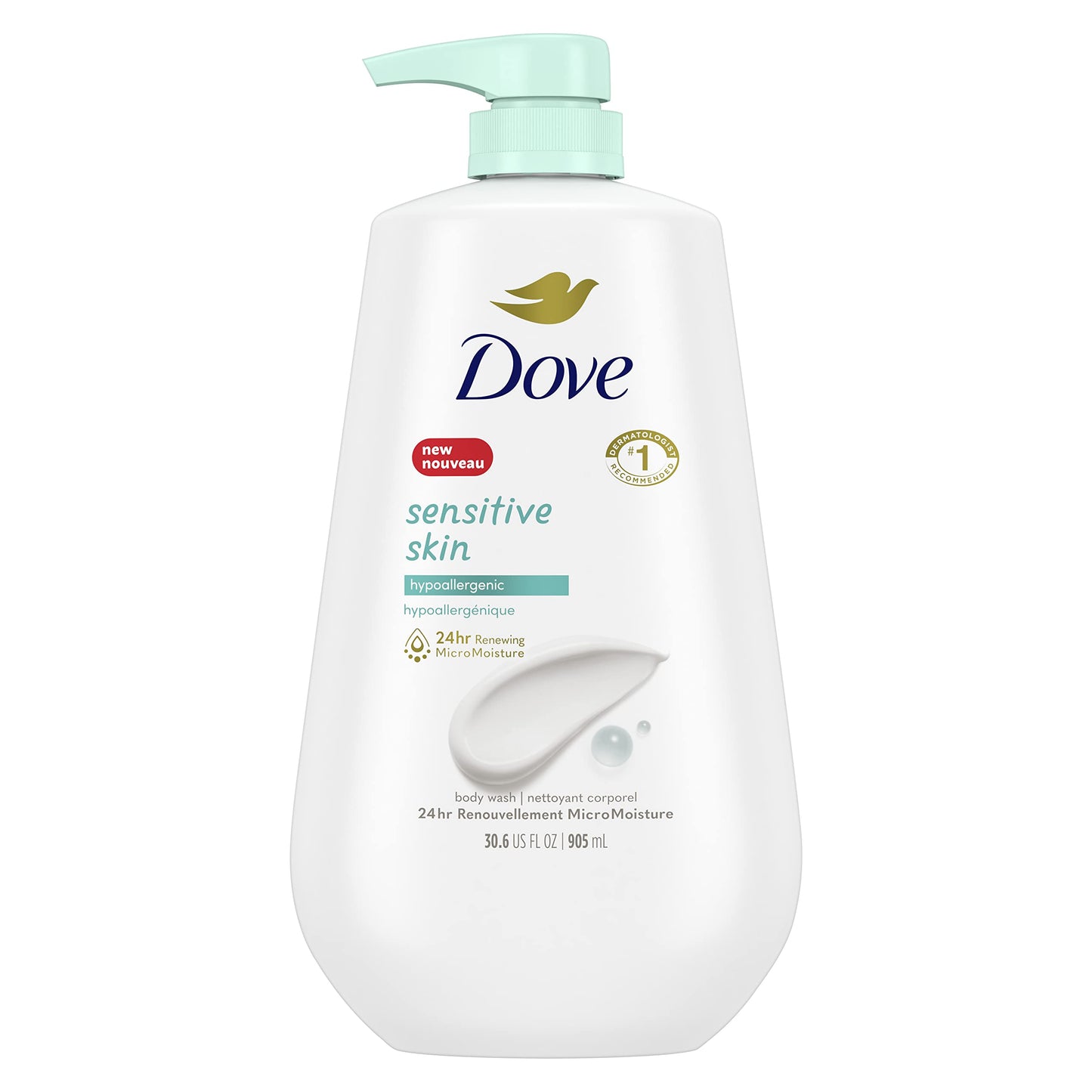 Dove Body Wash with Pump Sensitive Skin For 24hr Lotion-Soft Skin Moisturizing Skin Cleanser Gentle Hypoallergenic Formula with No Sulfates No Parabens 30.6 oz