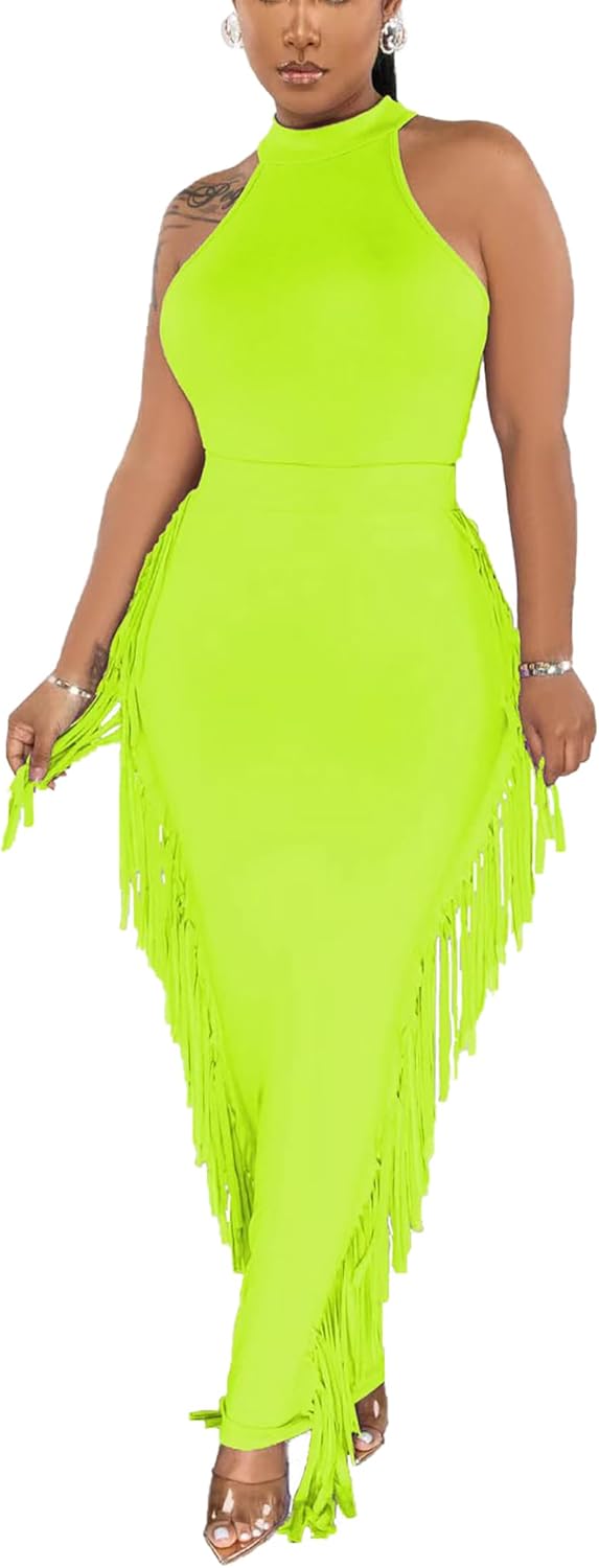 2 Piece Outfits for Women Sexy Crop Top Ruched Bodycon Maxi Dresses Fringe Skirt Sets Night Club Jumpsuits