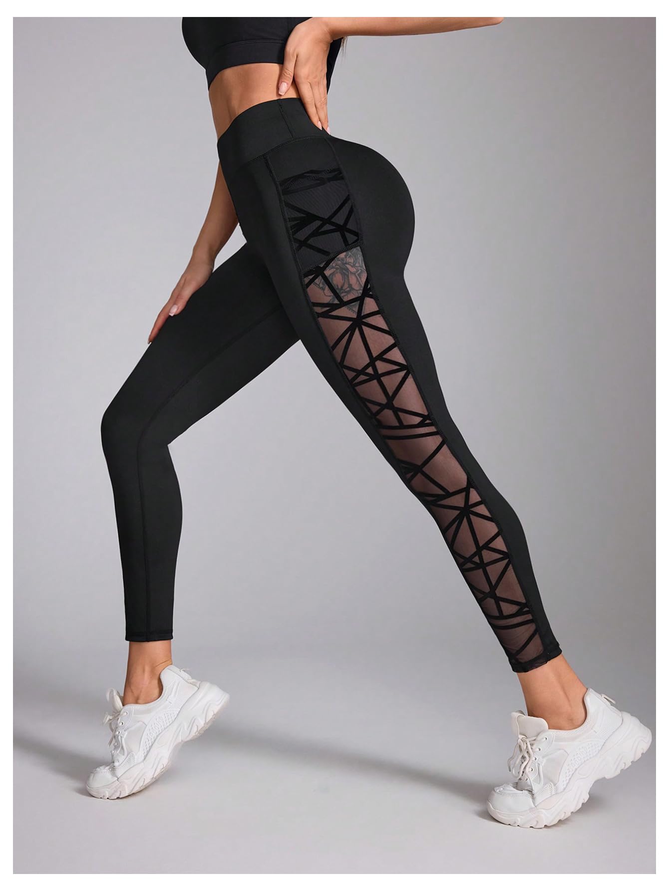 WDIRARA Women's Tummy Control Sheer High Waisted Leggings Stretchy Workout Yoga Pants