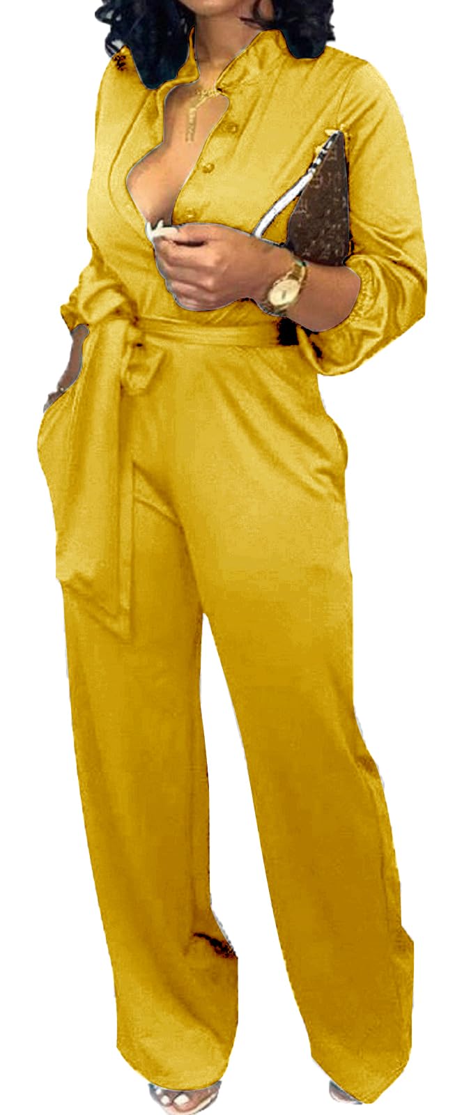 Women Jumpsuits For Elegant Sexy V Neck Long Sleeve Casual for Work Wide Leg Pants with Pockets Belt