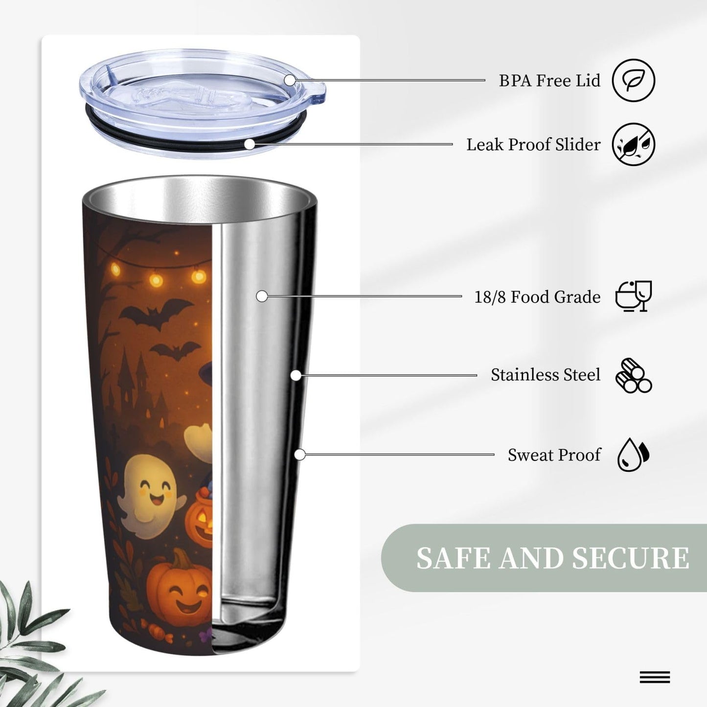 Halloween Tumbler 20 oz - Cute Ghost & Pumpkin Stainless Steel Insulated Cup with Lid & Straw, Double Wall Vacuum Travel Mug, Spooky Halloween Gifts for Women, Teens, Kids - Fall Autumn Decor