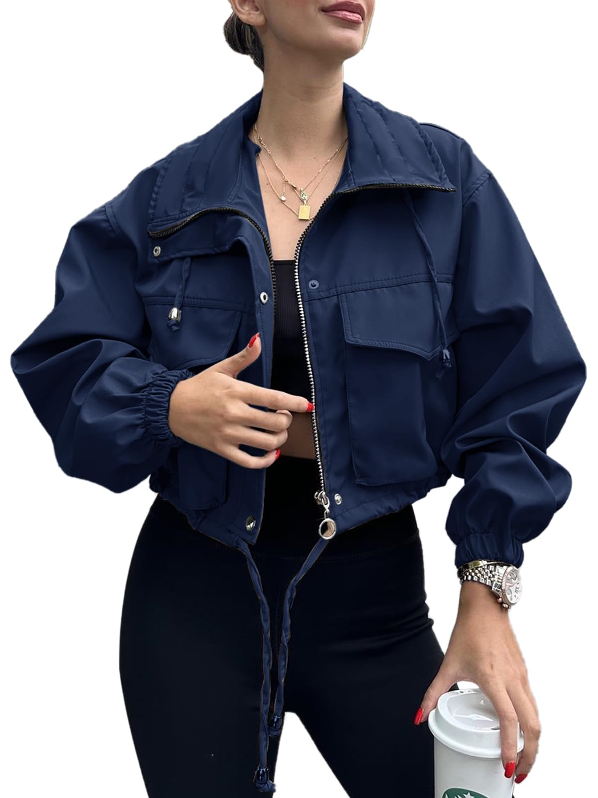 Tankaneo Womens Cropped Jacket Zip Up Lightweight Oversized Utility Anorak