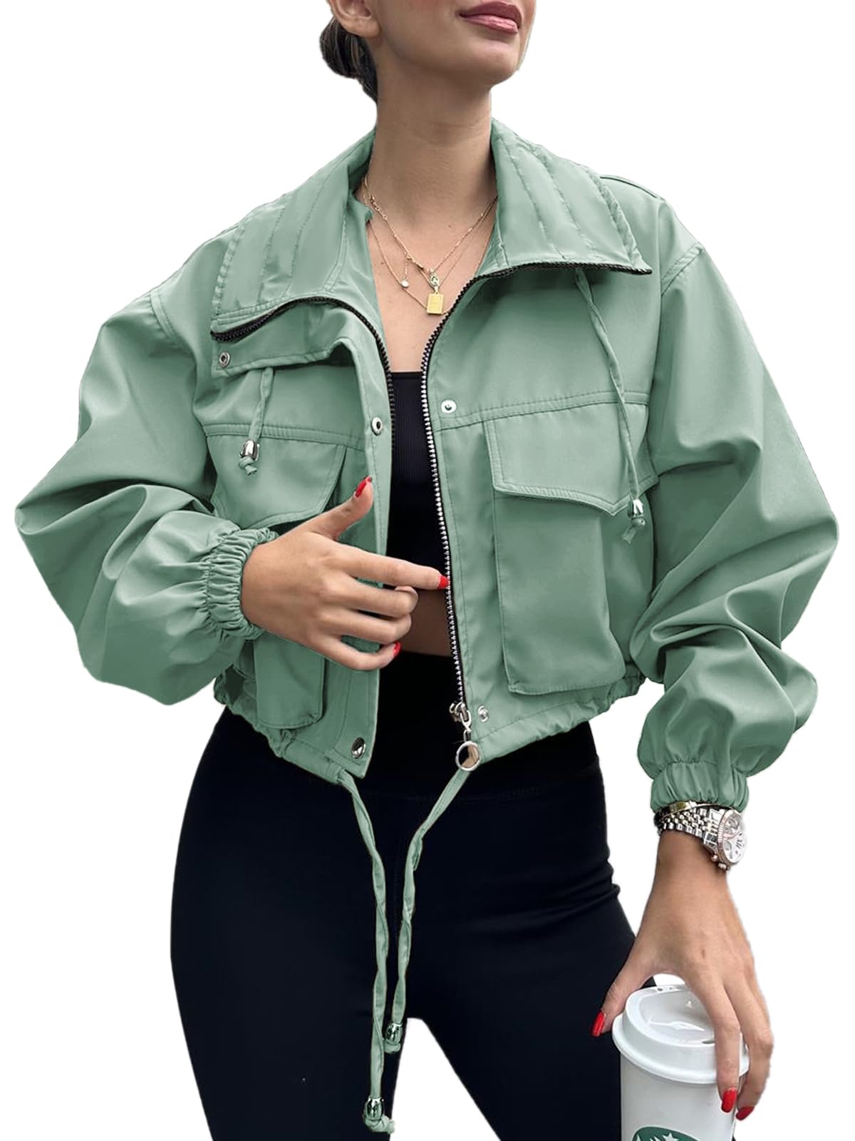Tankaneo Womens Cropped Jacket Zip Up Lightweight Oversized Utility Anorak