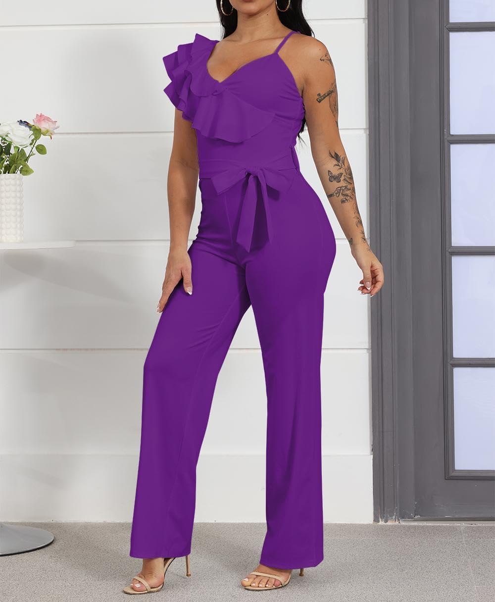 HBQ Womens Casual One Piece Jumpsuits V-Neck Sleeveless Ruffle Elegant Romper Wide Leg Pant Sexy Party Clubwear Overalls
