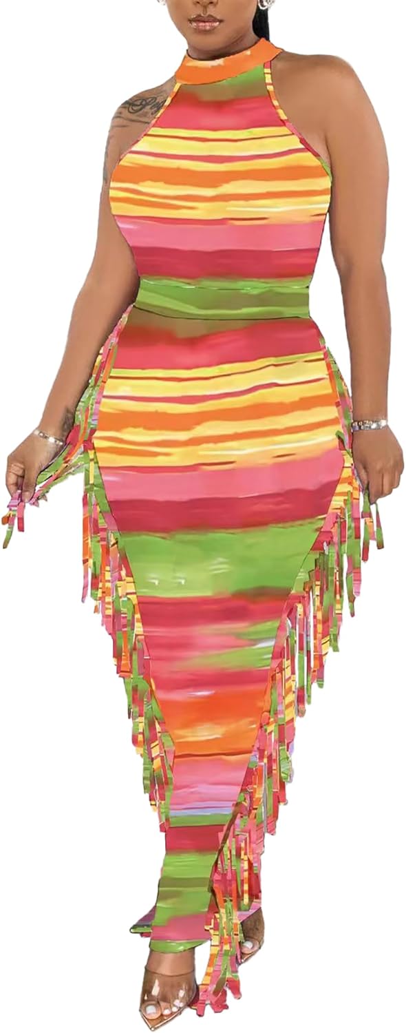 2 Piece Outfits for Women Sexy Crop Top Ruched Bodycon Maxi Dresses Fringe Skirt Sets Night Club Jumpsuits