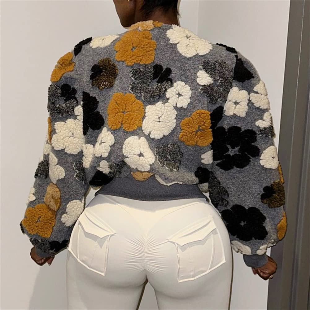 HOULENGS Women's Cropped Floral Print Fleece Bomber Jacket Casual Puff Sleeve Button Down Coats Winter Warm Outerwears
