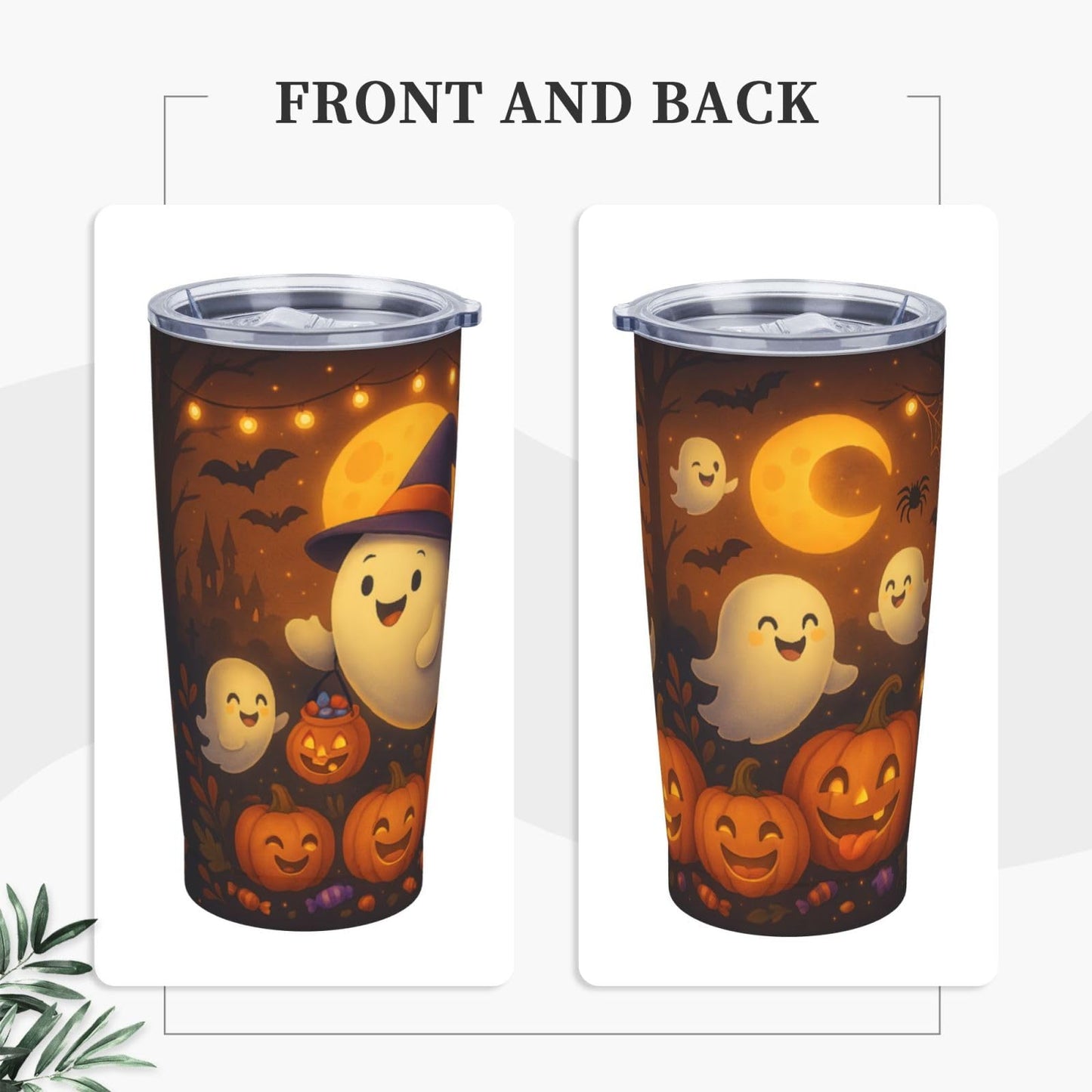 Halloween Tumbler 20 oz - Cute Ghost & Pumpkin Stainless Steel Insulated Cup with Lid & Straw, Double Wall Vacuum Travel Mug, Spooky Halloween Gifts for Women, Teens, Kids - Fall Autumn Decor