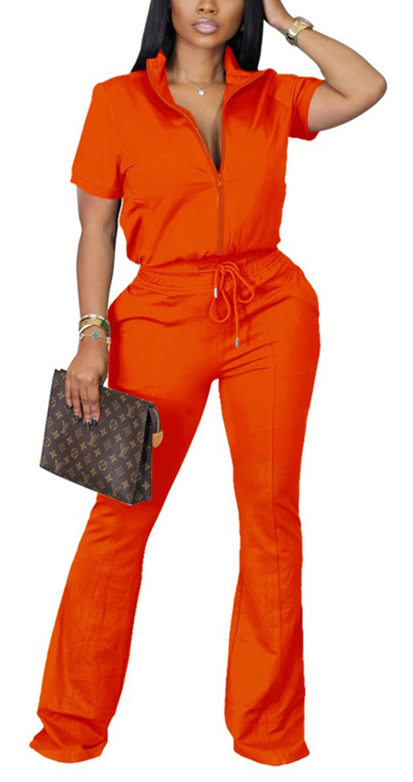 2 Piece Outfits for Women Short Sleeve Zipup Jacket Wide Leg Pants Retro Pure Color Tracksuit Sport Set Wine Red