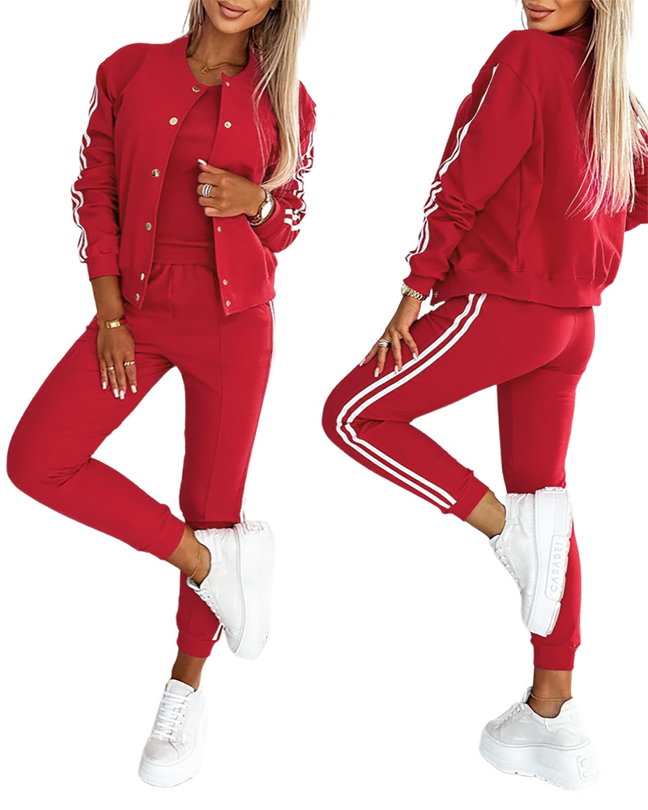 CHICME Women's Three Piece Outfits Striped Tape Patch Tank Tops Bomber Jacket with Sporty Pants Tracksuit Lounge Sets