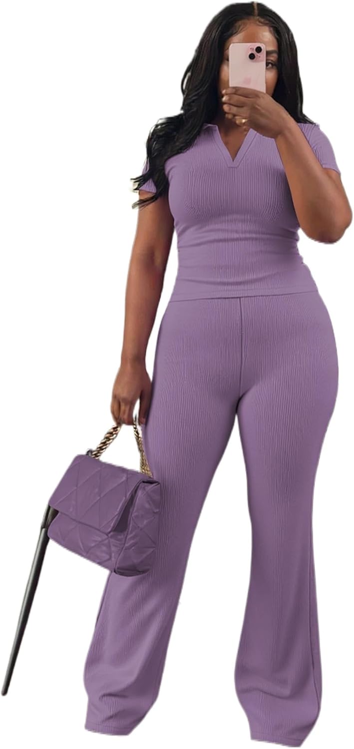 HBQ Women Two Piece Outfit Ribbed Short Sleeve V Neck Polo Top and Flare Pants Casual Lounge Sets Tracksuit