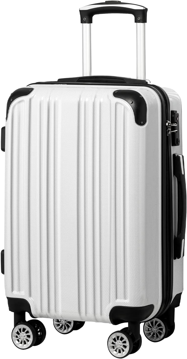 Coolife Luggage Expandable 5 Piece Sets PC+ABS Spinner Suitcase 20 inch 24 inch 28 inch (white grid new)