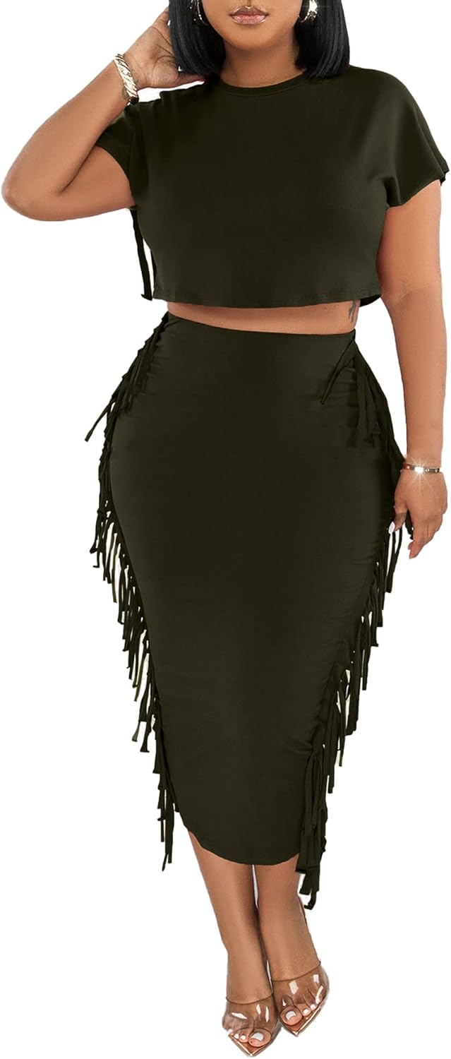 2 Piece Outfits for Women Sexy Crop Top Ruched Bodycon Maxi Dresses Fringe Skirt Sets Night Club Jumpsuits