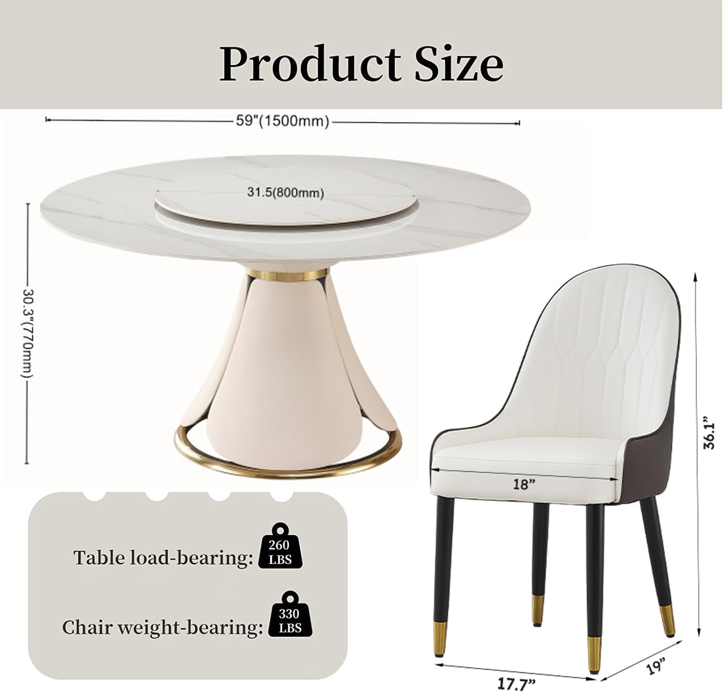 59" Round Dining Table Set for 8 with Lazy Susan Modern Sintered Stone 9 Pieces Dining Room Table Set with 8 Chairs and 31.5" Round Turntable