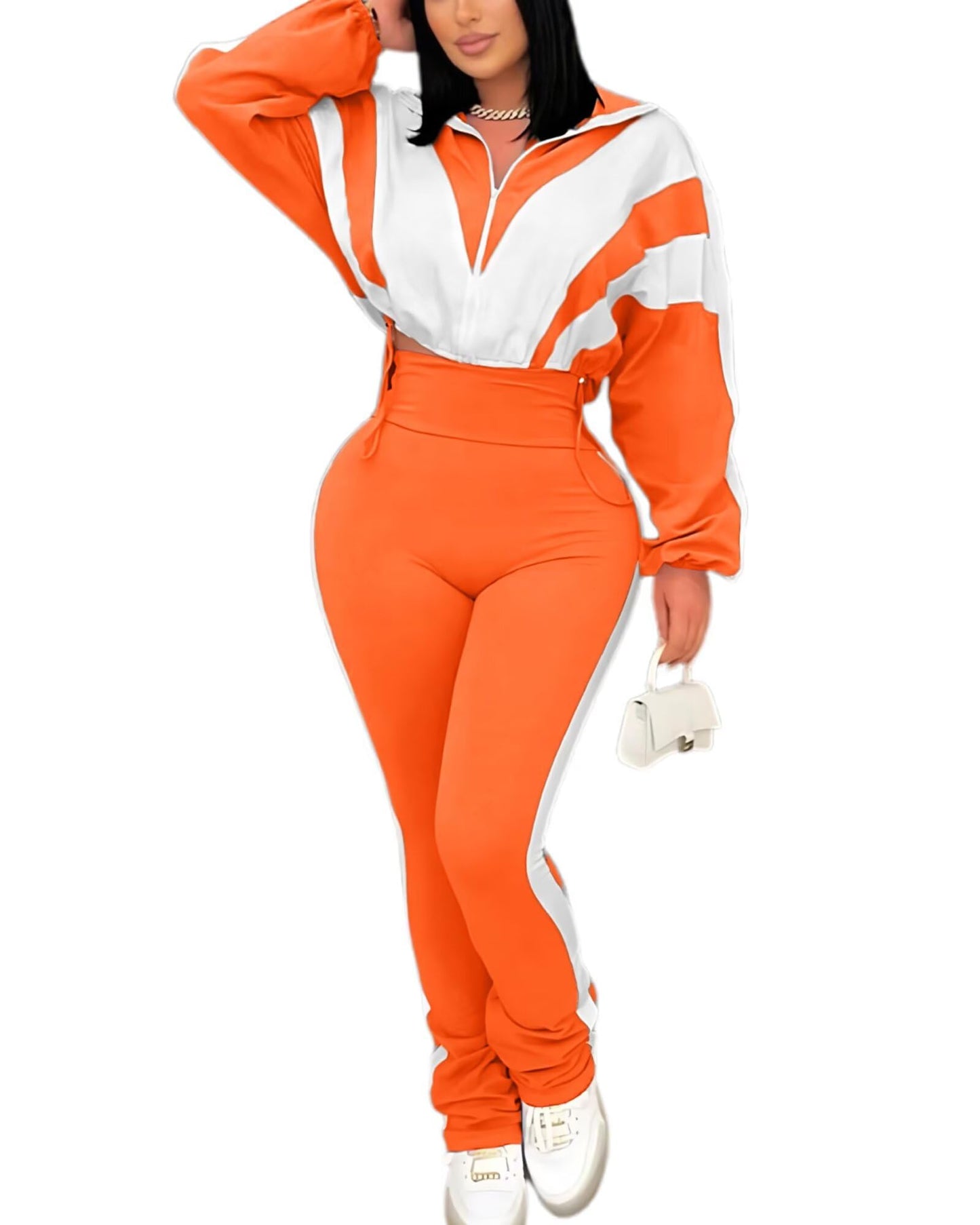 Remelon Womens 2 Piece Sweatsuits Color Block Long Sleeve Zipper Cropped Jacket Legging Pants Set Tracksuit Jogger Outfits