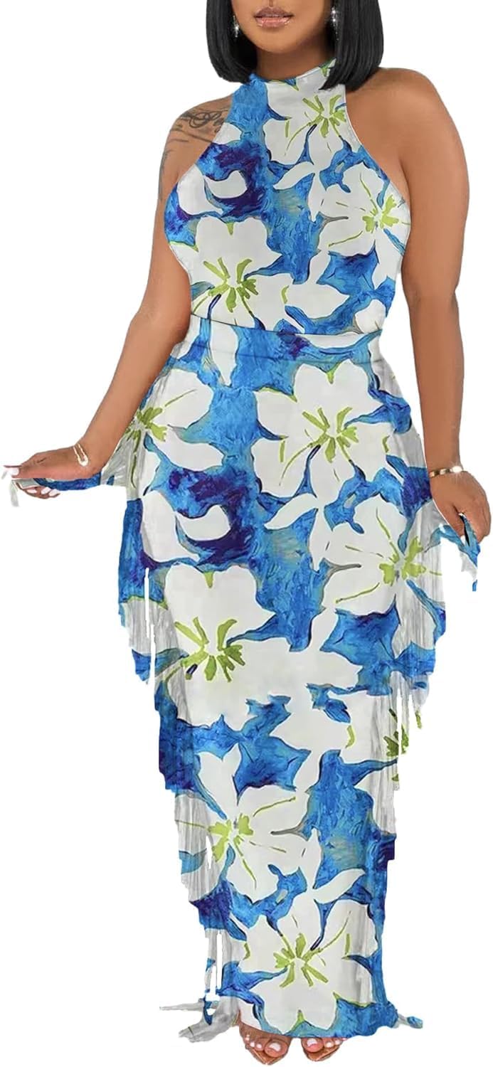 2 Piece Outfits for Women Sexy Crop Top Ruched Bodycon Maxi Dresses Fringe Skirt Sets Night Club Jumpsuits