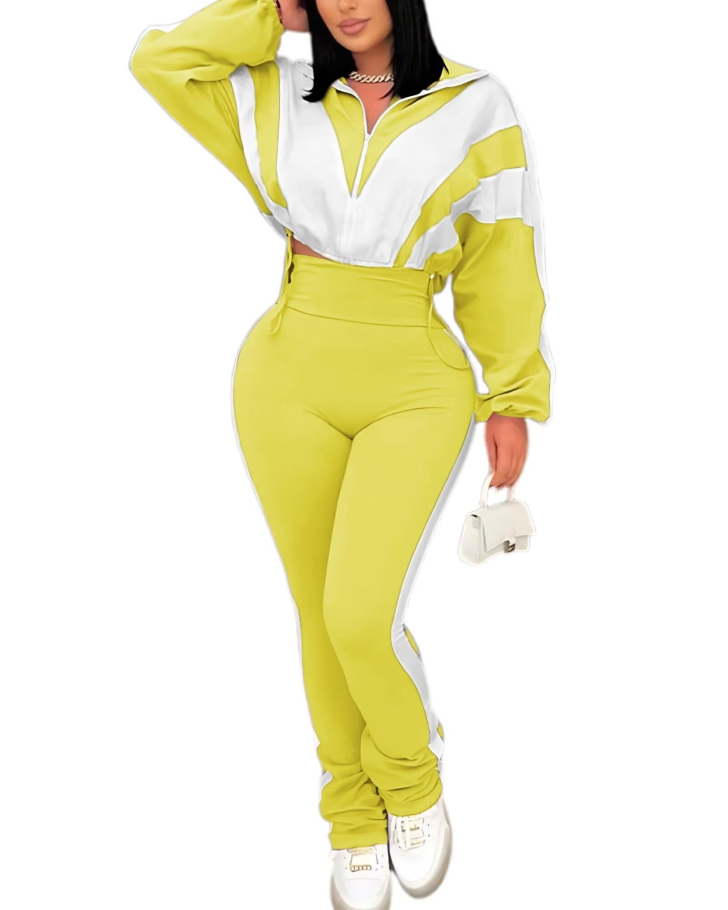 Remelon Womens 2 Piece Sweatsuits Color Block Long Sleeve Zipper Cropped Jacket Legging Pants Set Tracksuit Jogger Outfits
