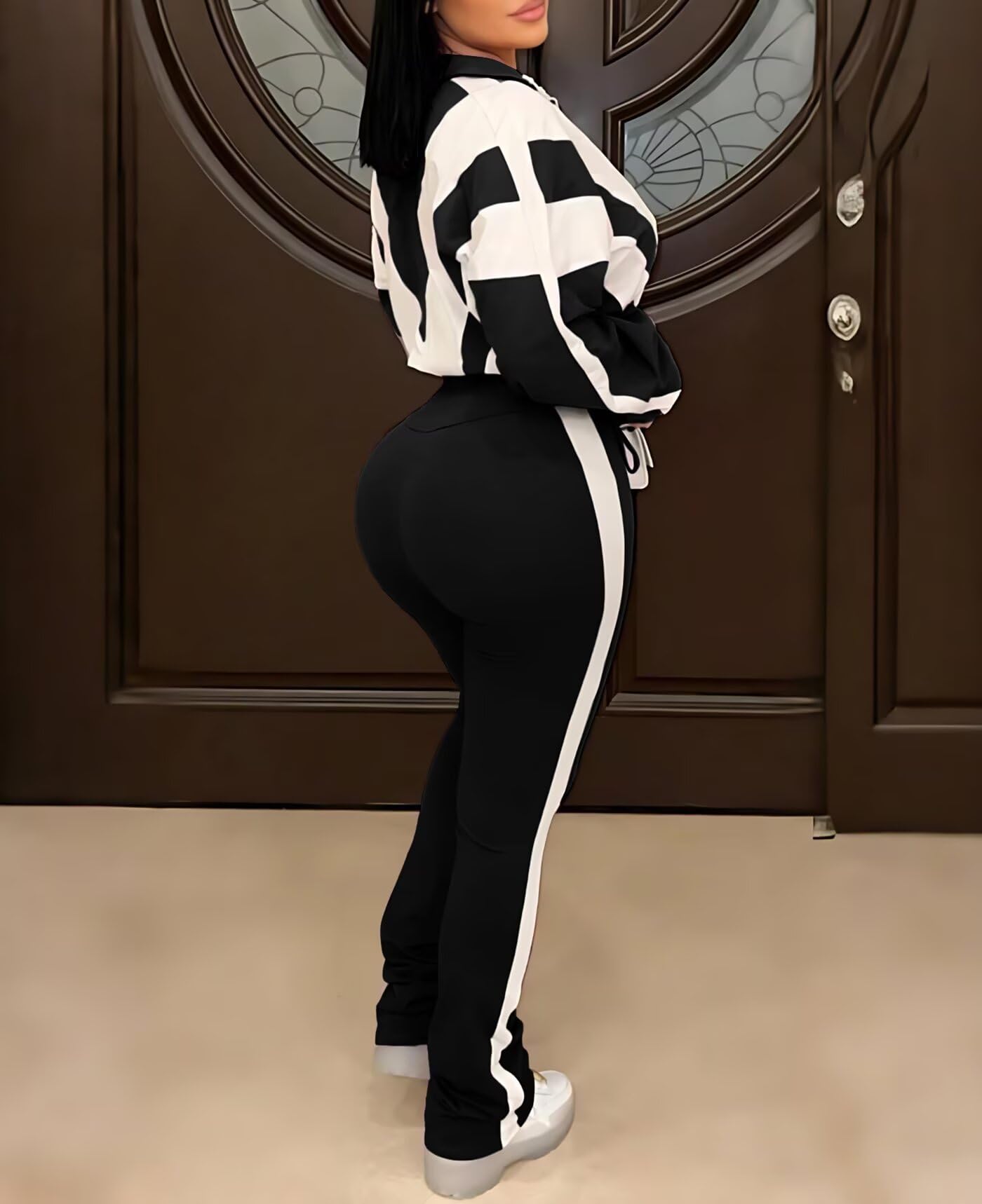 Remelon Womens 2 Piece Sweatsuits Color Block Long Sleeve Zipper Cropped Jacket Legging Pants Set Tracksuit Jogger Outfits