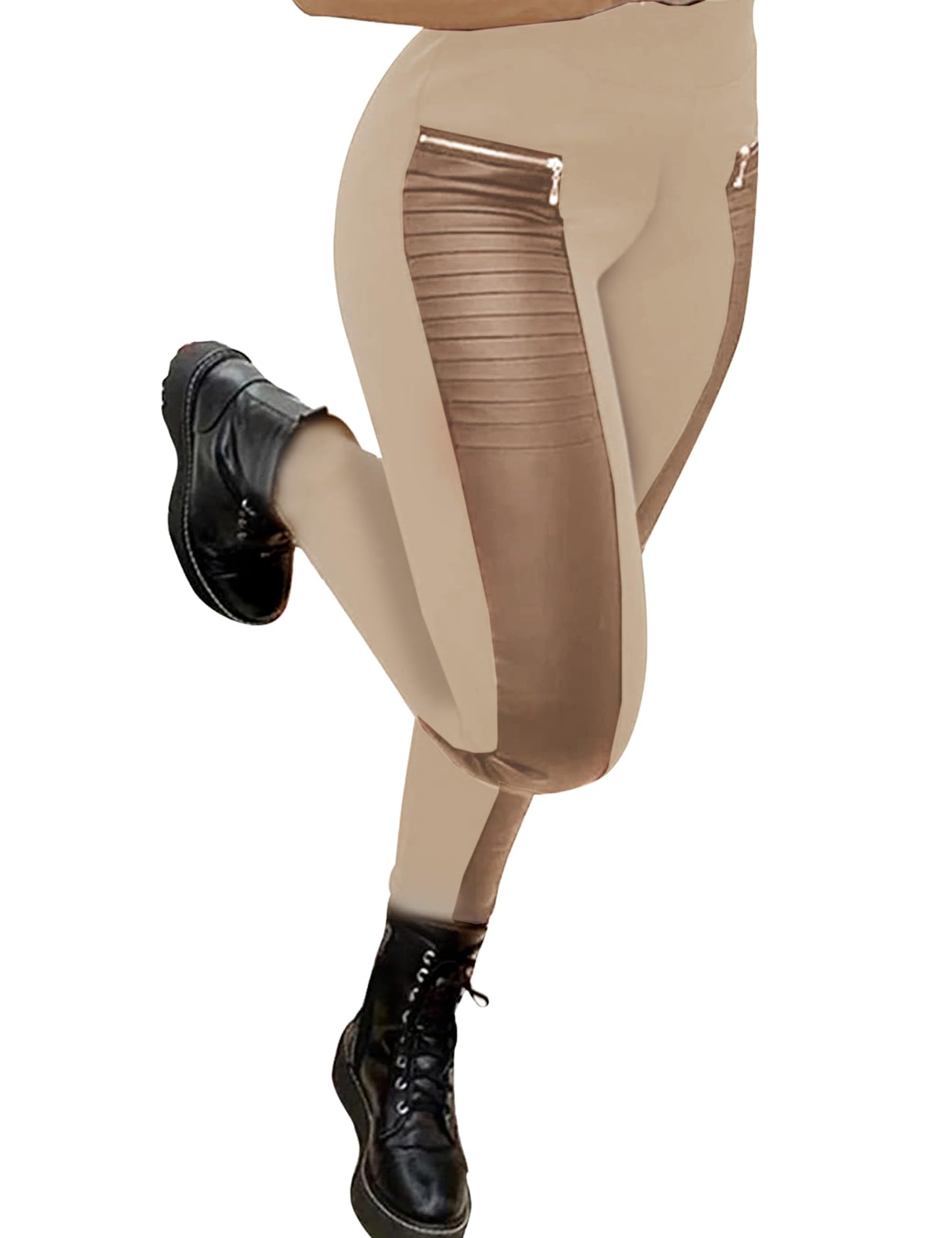 Faux Leather Leggings for Women Pleather Pant Elastic Mid Waisted Stretchy Patch Zip Tights