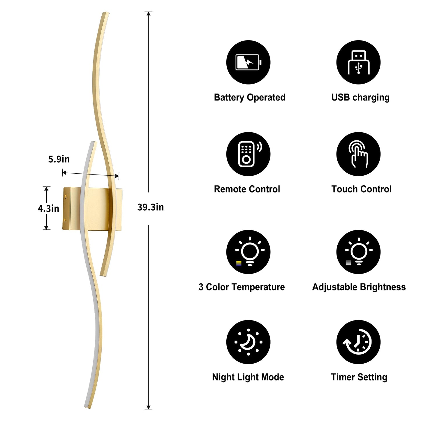 Battery Operated Wall Sconces Set of Two with Remote Control, Dimmable/3 Color/Night-Light/Timer/Memory, Black Modern Wireless LED Sconce for Living Room, Hallway, Bedroom, 39.3 Inch (2 Pack)