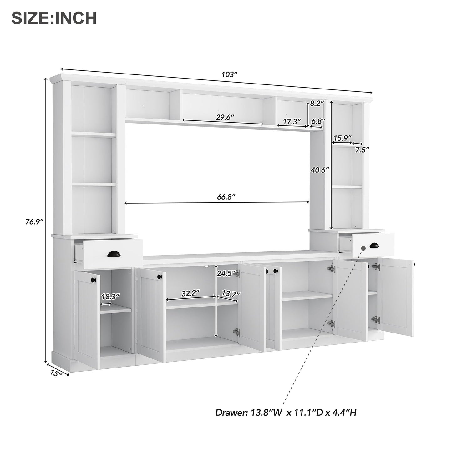 103" Minimalist Entertainment Center Wall Unit Set with Bridge for TVs Up to 75'',Ample Storage Space TV Stand W/Adjustable Shelves,Modernist Large Media Console for Living Room,White