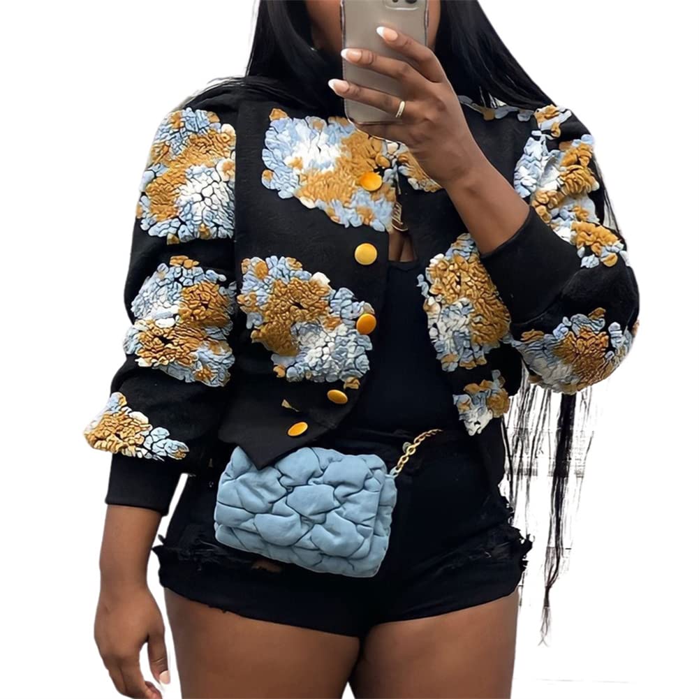 HOULENGS Women's Cropped Floral Print Fleece Bomber Jacket Casual Puff Sleeve Button Down Coats Winter Warm Outerwears