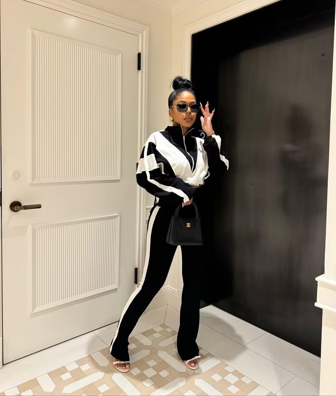 Remelon Womens 2 Piece Sweatsuits Color Block Long Sleeve Zipper Cropped Jacket Legging Pants Set Tracksuit Jogger Outfits