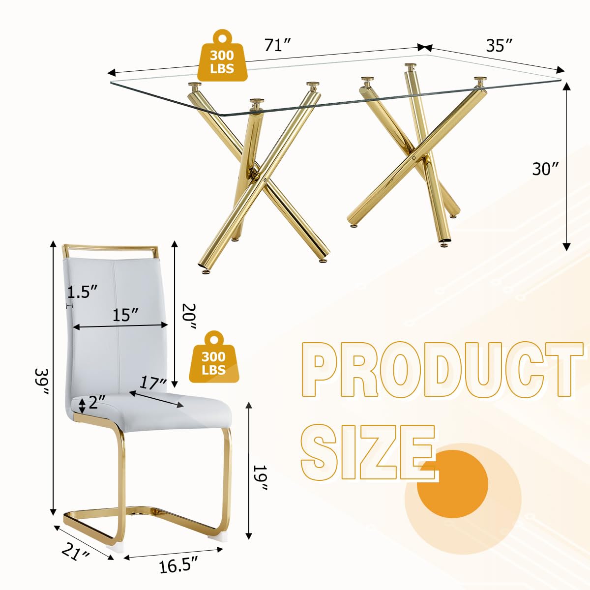 AZmac Modern Dining Table Set for 8 with Gold Metal Frame, 9-Piece Glass Dining Table with PU High Back Chairs for Kitchen Dining Room, Glass Table and 8 White Chairs