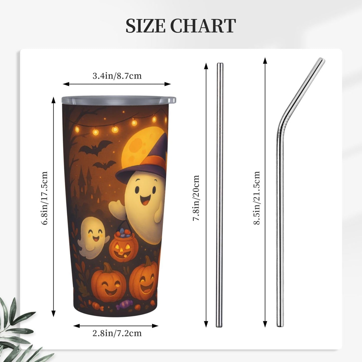 Halloween Tumbler 20 oz - Cute Ghost & Pumpkin Stainless Steel Insulated Cup with Lid & Straw, Double Wall Vacuum Travel Mug, Spooky Halloween Gifts for Women, Teens, Kids - Fall Autumn Decor