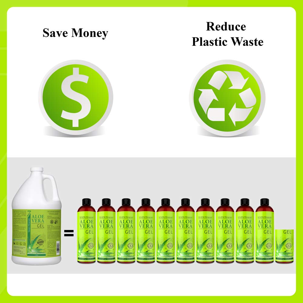 Seven Minerals Organic Aloe Vera Gel from freshly cut 100% Pure Aloe - Big 12oz - HighestQuality, Texas grown, Vegan, Unscented - For Face, Skin, Hair, Sunburn relief