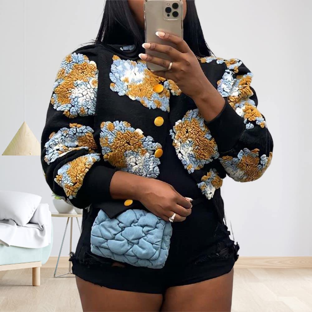 HOULENGS Women's Cropped Floral Print Fleece Bomber Jacket Casual Puff Sleeve Button Down Coats Winter Warm Outerwears