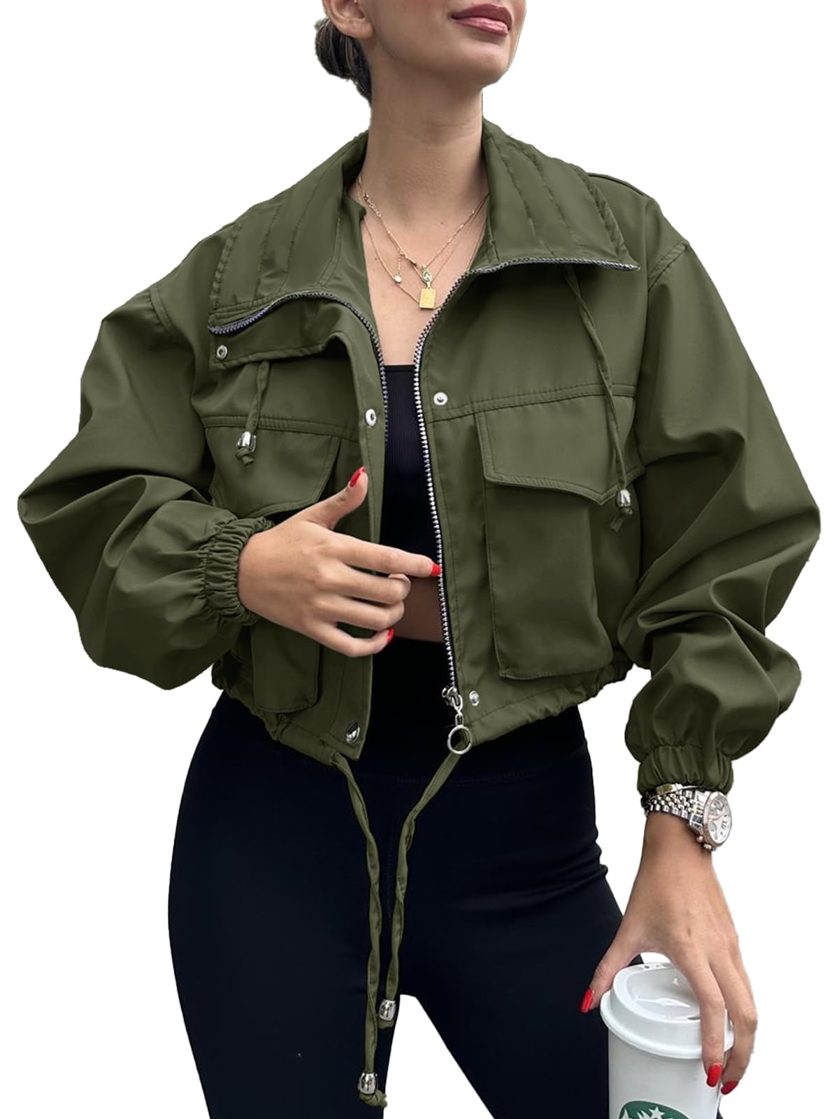 Tankaneo Womens Cropped Jacket Zip Up Lightweight Oversized Utility Anorak