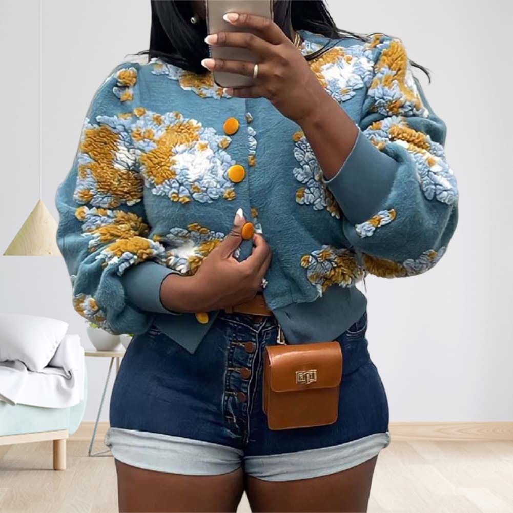 HOULENGS Women's Cropped Floral Print Fleece Bomber Jacket Casual Puff Sleeve Button Down Coats Winter Warm Outerwears