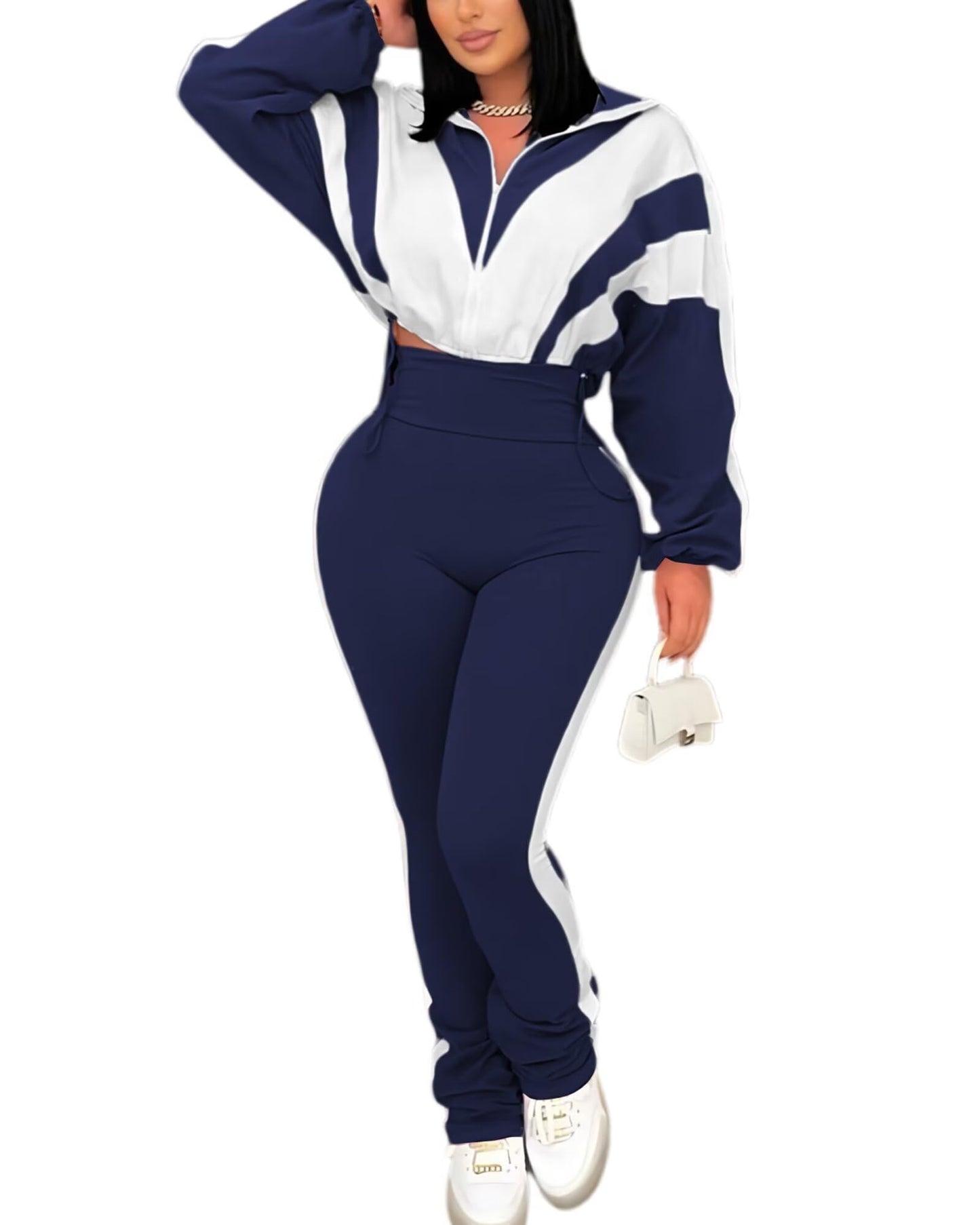 Remelon Womens 2 Piece Sweatsuits Color Block Long Sleeve Zipper Cropped Jacket Legging Pants Set Tracksuit Jogger Outfits