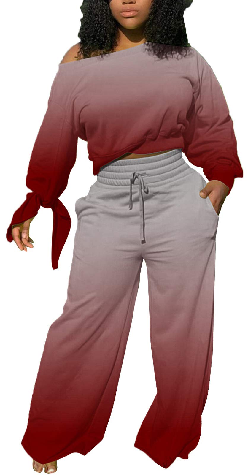 sexycherry Casual 2 Piece Outfits for Women Sexy Long Sleeve Sweatsuit Jogging Long Pants Sets Tracksuit with Pockets