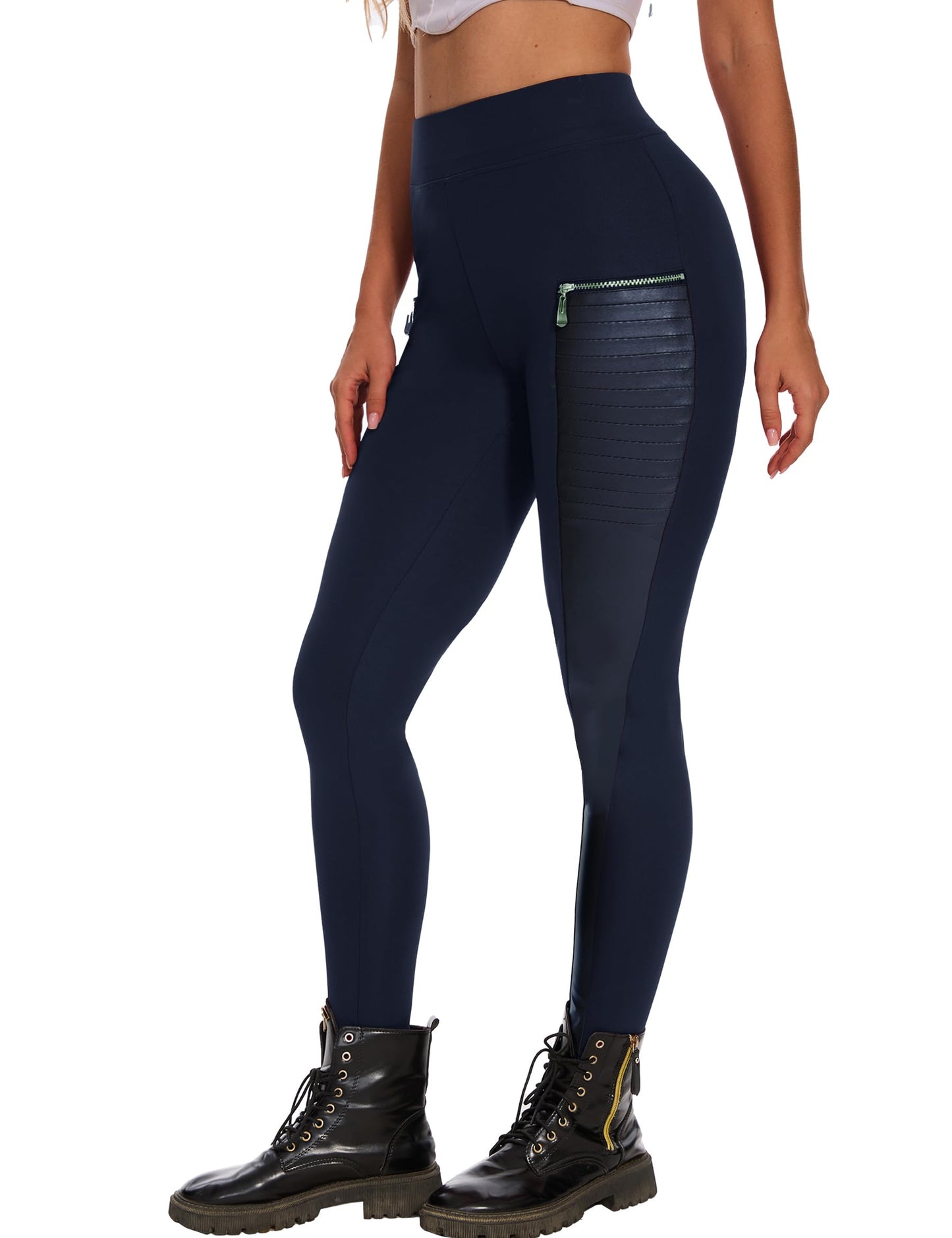 Faux Leather Leggings for Women Pleather Pant Elastic Mid Waisted Stretchy Patch Zip Tights