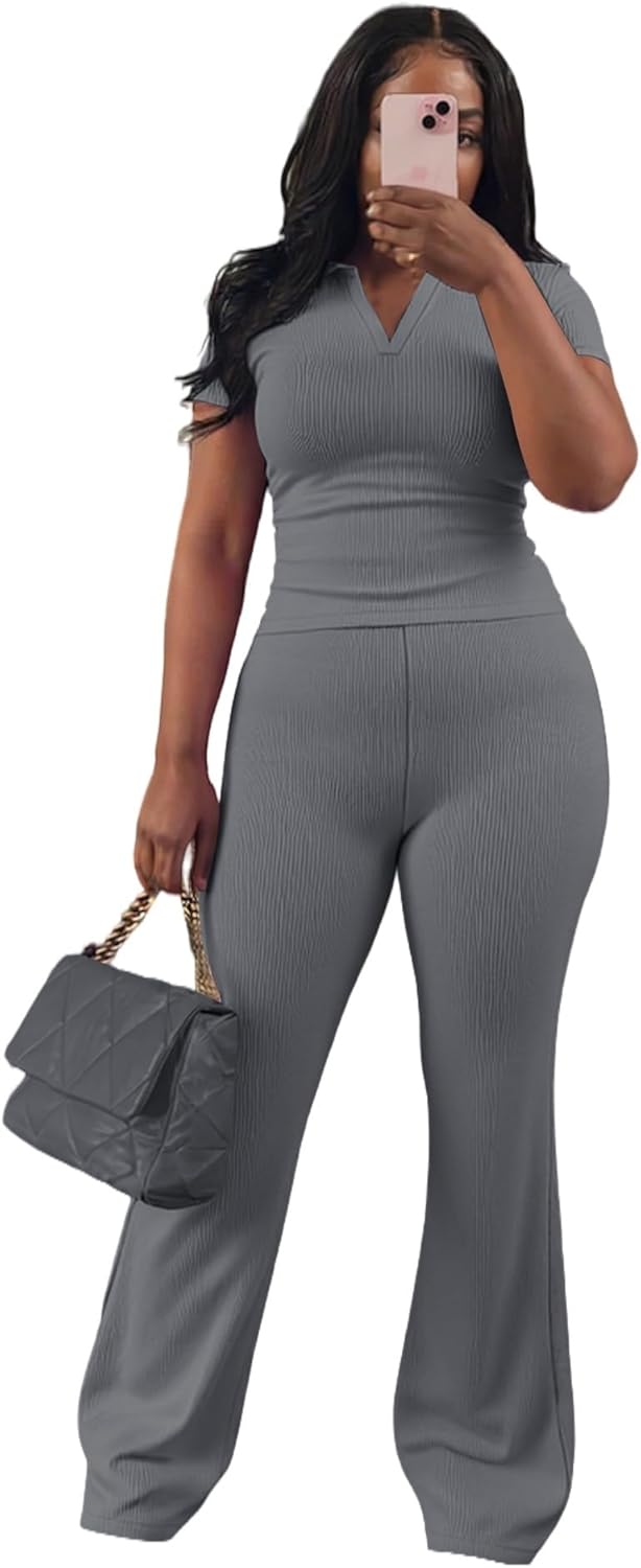 HBQ Women Two Piece Outfit Ribbed Short Sleeve V Neck Polo Top and Flare Pants Casual Lounge Sets Tracksuit