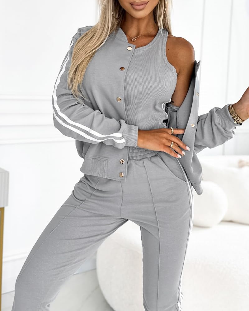 CHICME Women's Three Piece Outfits Striped Tape Patch Tank Tops Bomber Jacket with Sporty Pants Tracksuit Lounge Sets