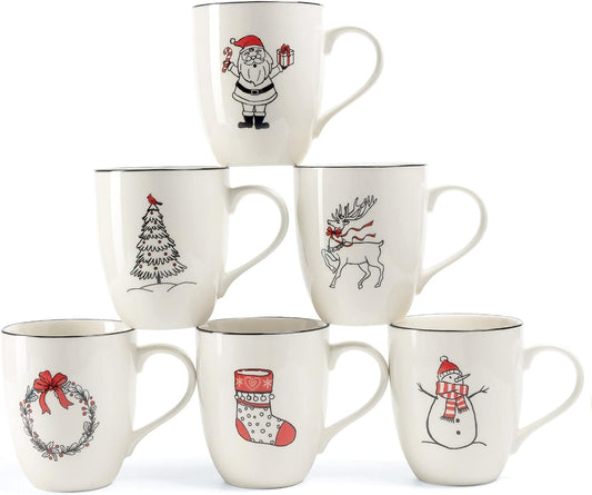 LEHAHA Christmas Coffee Mug Set of 6 – 16 oz Holiday Theme Ceramic Coffee Mugs Perfect for Latte, Tea or Milk, Give as a Christmas Gift to Family or Friends, Assorted Design