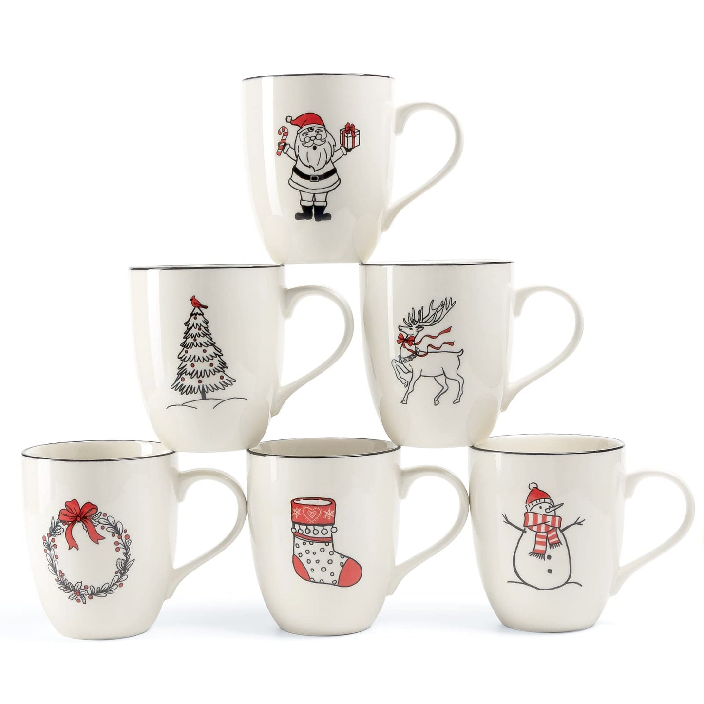 LEHAHA Ceramic Christmas Coffee Mug set,16 OZ Holiday Mugs Set of 6, Festival Coffee Cups with Warm Greeting sayings, Porcelain Christmas Drinkware Ideal for Hot Cocoa, Holiday Tea & Winter Beverages